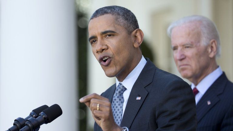 President Barack Obama (left) and Vice President Joe Biden appeared at the White House in Washington on 1 April 2014