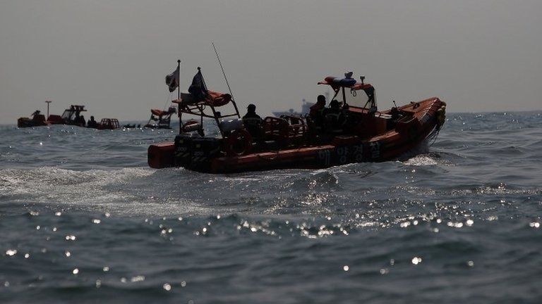 Coastguard rescuers search for missing passengers off the coast of Jindo Island on 20 April 2014