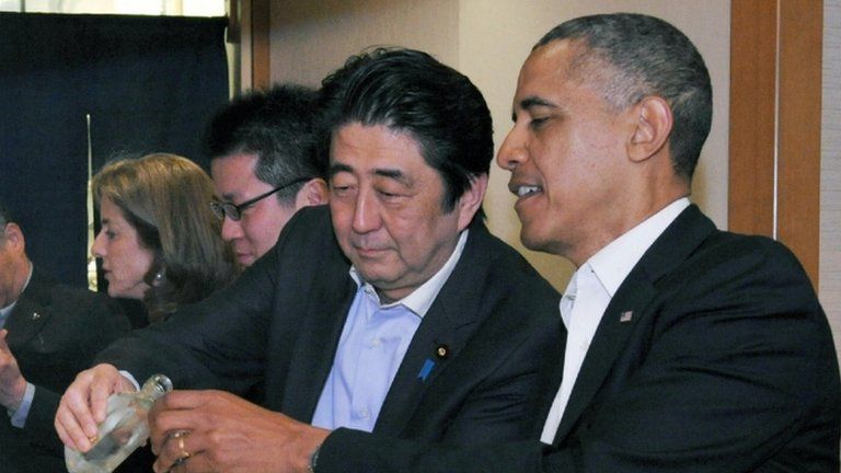 Japanese Prime Minister Shinzo Abe (left) and US President Barack Obama in Tokyo, Japan, on 23 April 2014