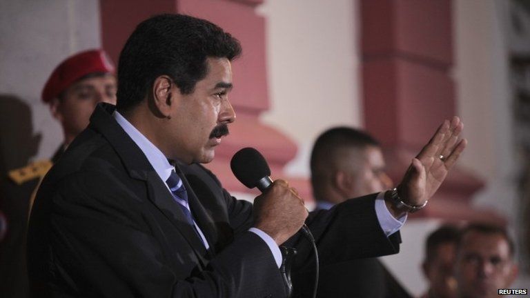 Venezuela's President Nicolas Maduro speaks to the media on 21 April 21, 2014.