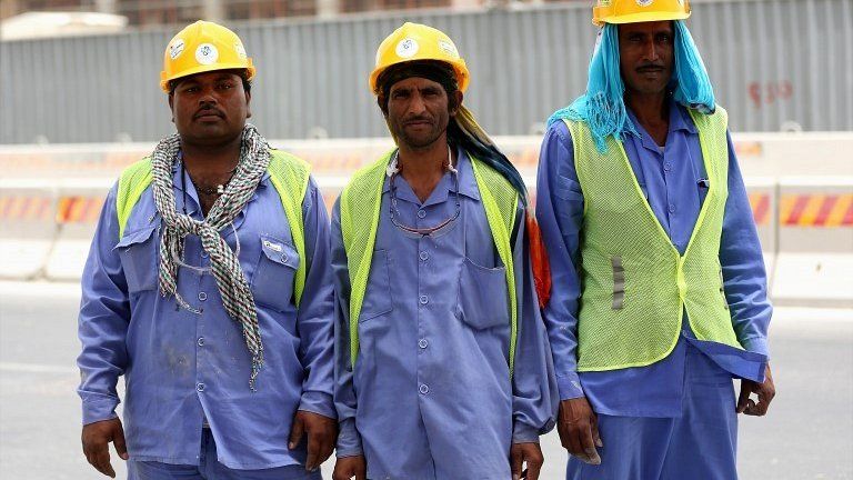 Construction workers on a building site in Doha, Qatar - 10 May 2014