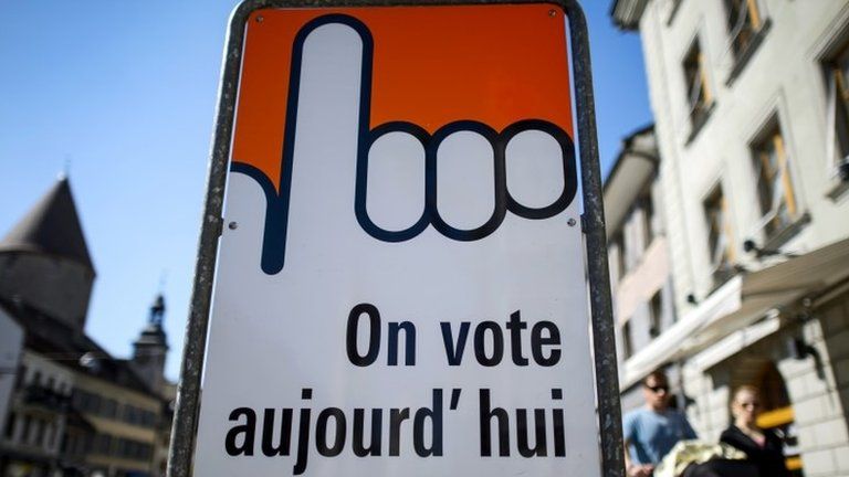 A sign reading in French "We vote today" is seen on May 18, 2014 in Bulle, western Switzerland