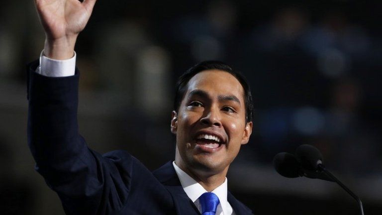 Keynote speaker and San Antonio, Texas Mayor Julian Castro waves while addressing the first session of the Democratic National Convention in Charlotte, North Carolina in this file photo from 4 September 2012