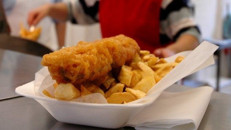 Fish and chips in polystyrene container