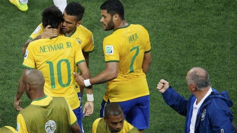 Brazil celebrate Neymar goal