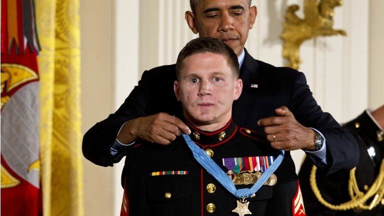 President Barack Obama awards retired Marine Cpl William "Kyle" Carpenter, the Medal of Honor for conspicuous gallantry 19 June 2014