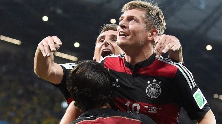 Toni Kroos celebrates scoring Germany's fourthgoal
