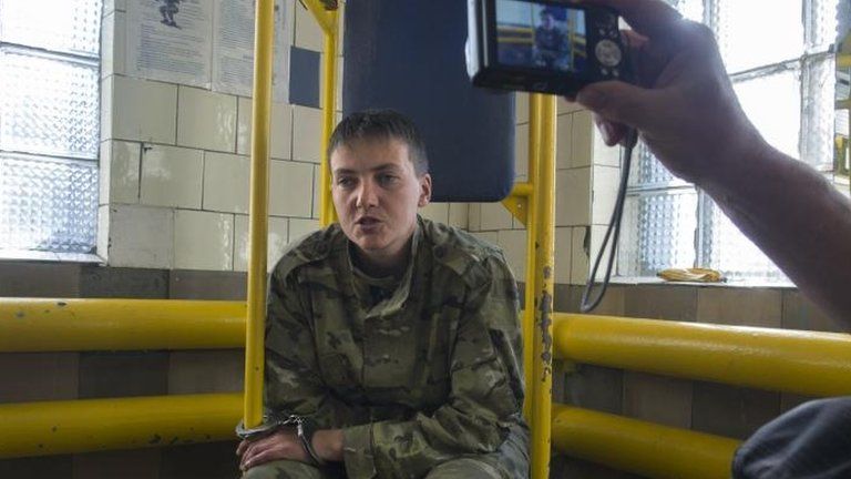 Nadezhda Savchenko, 33, speaks to journalists shortly after her capture in Luhansk, Ukraine, 19 June