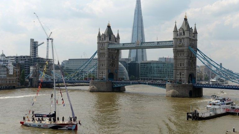 Boats passing through Tower Bridge during the Round the World Race Finish