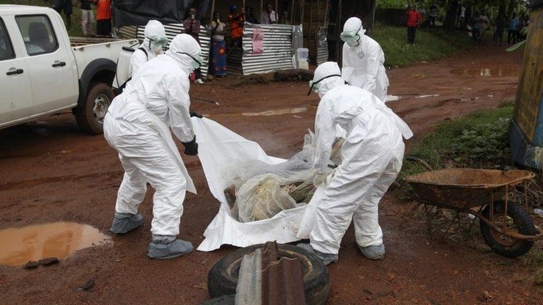 Liberian nurses remove a victim of Ebola near Monrovia, Liberia, 8 August 2014