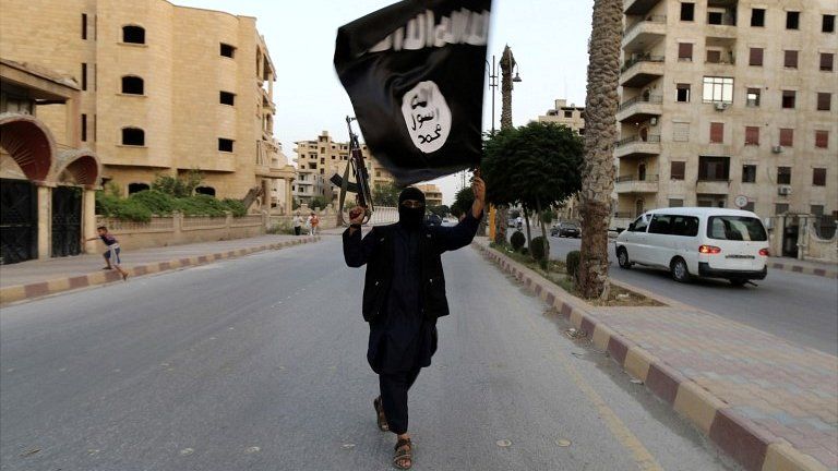 An Islamic State fighter waves the group's flag in Raqqa, Syria - 29 June 2014