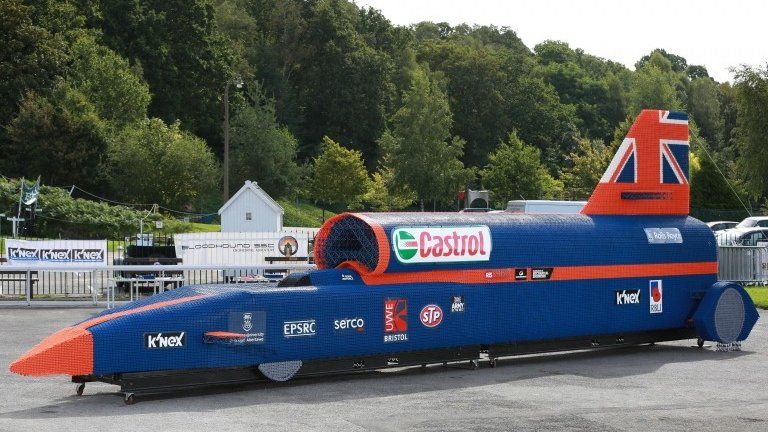 Life-sized replica of the Bloodhound supersonic car made from K'NEX toy pieces