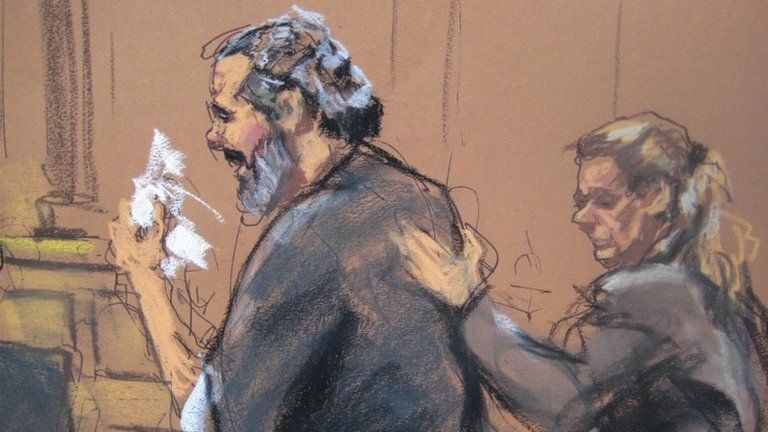 Egyptian Adel Abdul Bary, 54, is consoled as he wipes away tears while facing U.S. District Judge Lewis Kaplan (not pictured) in a Manhattan court in New York on September 19, 2014, in this courtroom sketch