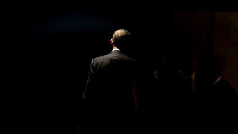 US President Barack Obama walks off stage after addressing the Climate Summit 2014 at United Nations headquarters in New York, New York, USA, 23 September 2014