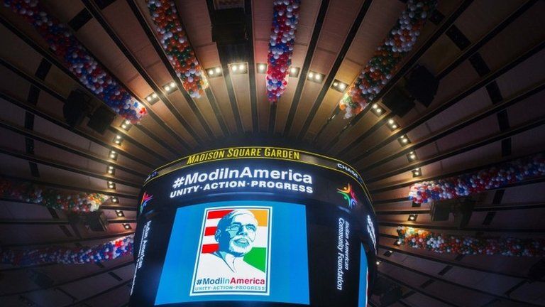 A poster of Indian Prime Minister Narendra Modi above Madison Square Garden, New York, 28 September