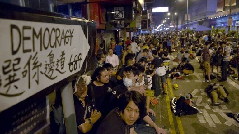 Protesters gather at the occupied area in the Mong Kok district of Hong Kong, 20 October 2014