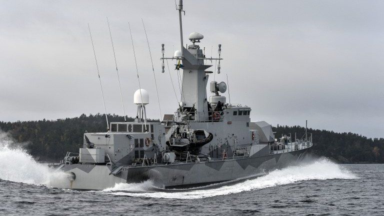 Swedish corvette HMS Stockholm patrols Jungfrufjarden in the Stockholm archipelago, Sweden, 20 October 2014