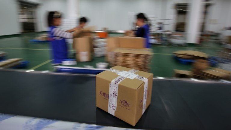 A box being shipped at the Alibaba warehouse in Hangzhou, 11 November 2014