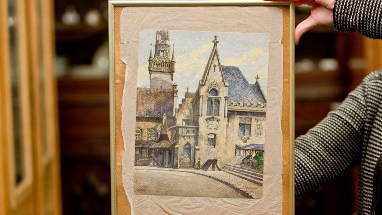 The watercolor painting "Altes Rathaus" which was supposedly painted by Adolf Hitler, is shown at an auction house in Nuremberg, Germany, 20 November 2014
