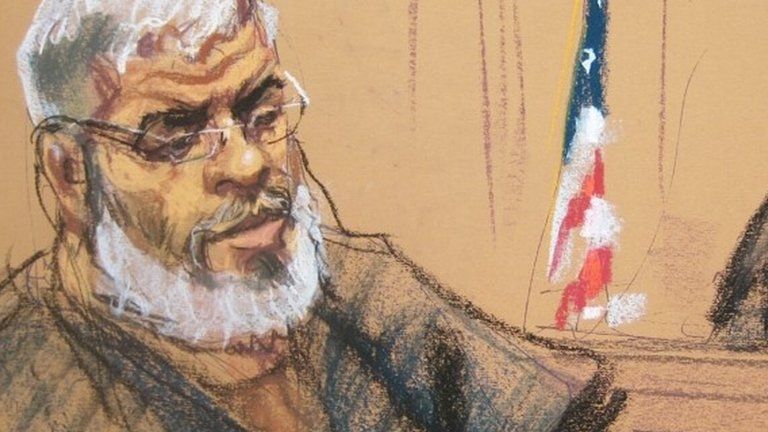 A courtroom sketch shows Abu Hamza, 56, appearing before U.S. District Judge Katherine Forrest 9 January 2015