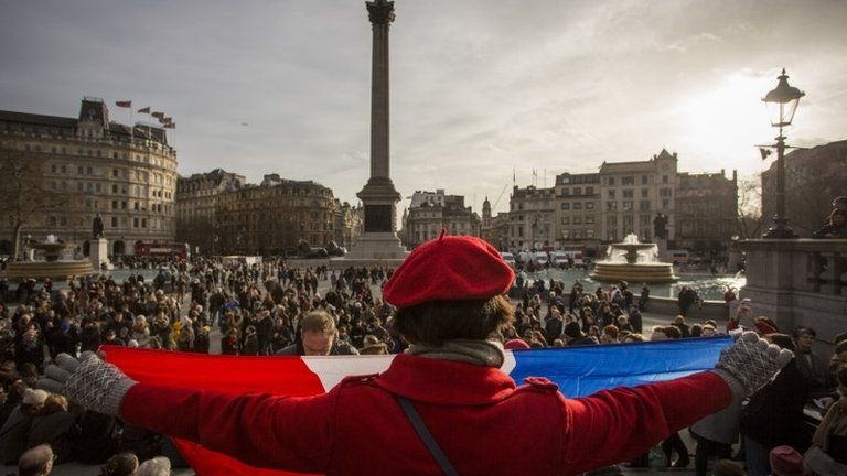 People gather in London's Trafalgar Square on Sunday 11 January to pay tribute to the victims of the terrorist attacks in Paris
