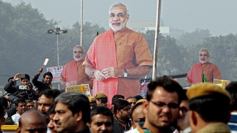Indian prime minister Narendra Modi"s cutouts seen during a Bharatiya Janata Party election rally at the Ramlila Maidan in New Delhi, India, 10 January 2015