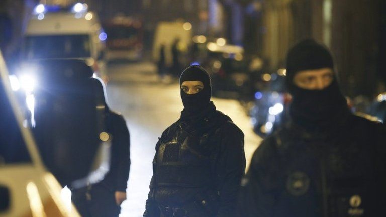 Belgian police block a street in the eastern town of Verviers, 15 January