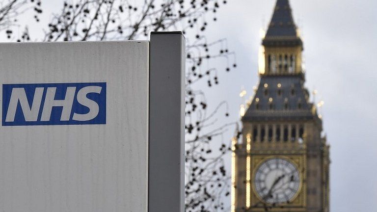 A National Health Service logo is seen on a hospital sign in front of the Big Ben clock tower of the Houses of Parliament, in central London