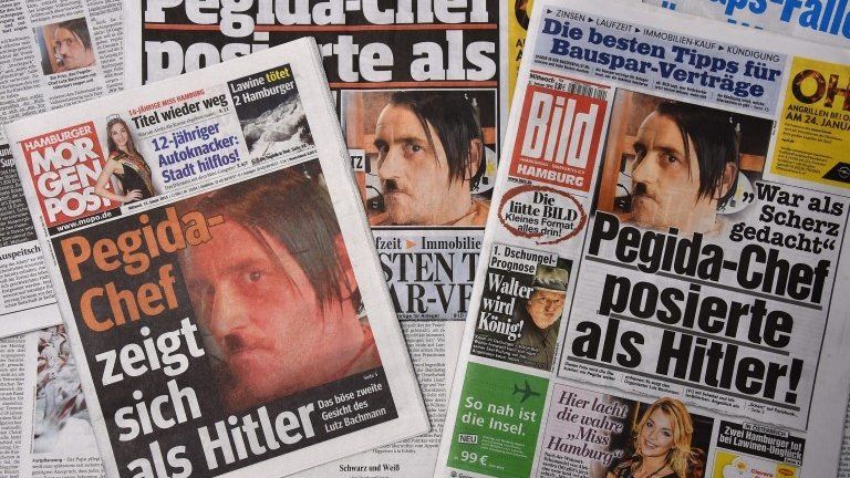 German newspapers carrying the photo of Pegida leader Lutz Bachmann with his moustache, 21 January