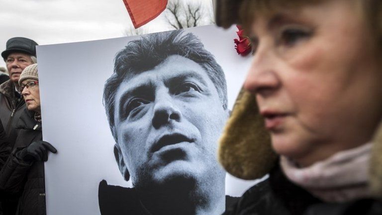 A poster of Boris Nemtsov at a rally in St Petersburg, Russia, 1 March