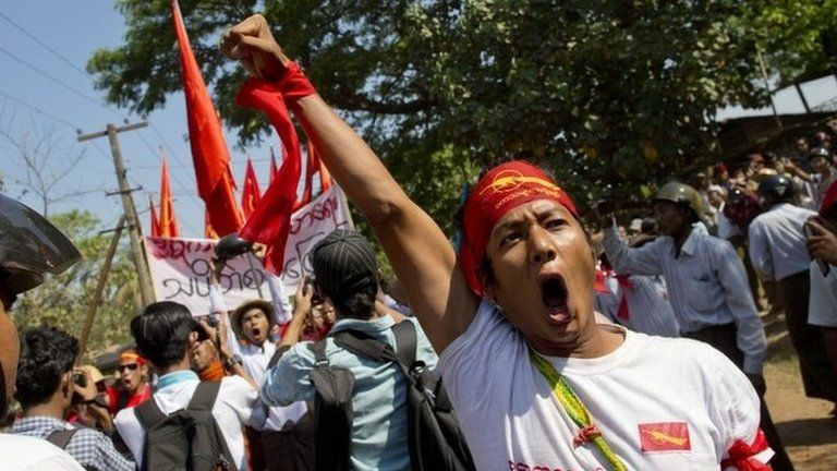 A student protester shouts slogans during a protest march in Letpadan, Myanmar on 3 March 2015.