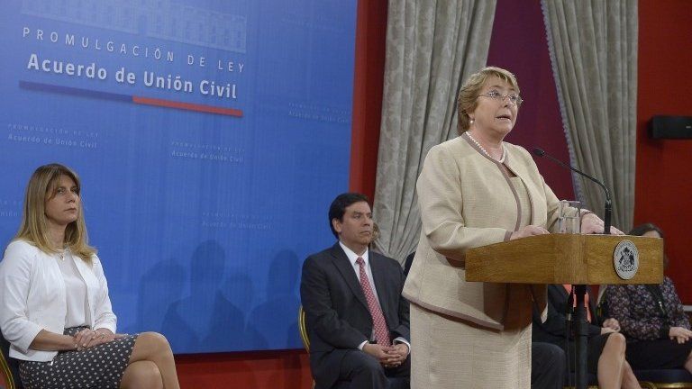 President Michelle Bachelet during the enactment of the law in Santiago. April 13, 2015