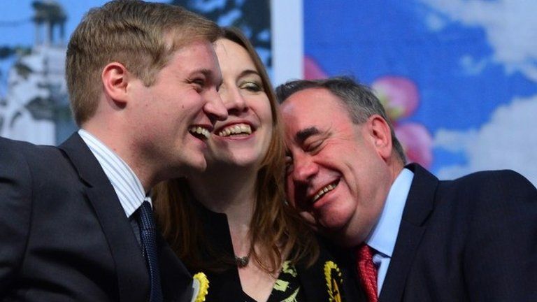 Gordon SNP candidate and Former First Minister Alex Salmond with SNP Candidate for West Aberdeenshire and Kincardine Constituency Stuart Donaldson and SNP Candidate for Banff and Buchan Constituency Eilidh Whiteford