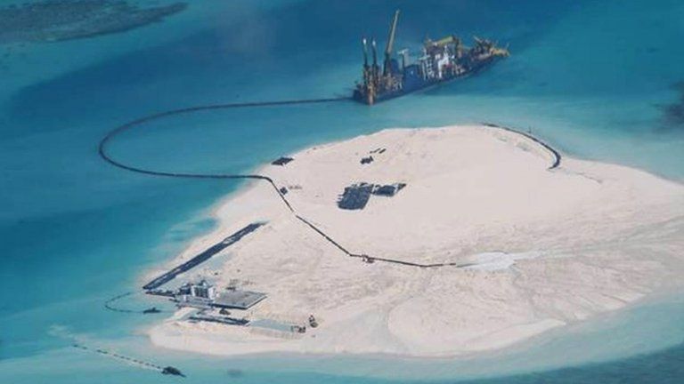 A Chinese land reclamation project in the disputed Spratly chain in an image from the Philippine foreign ministry.