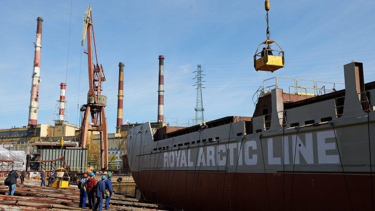 The Jonathan Arctica, one of the world's first Polar class supply ships, at shipyard in Gdansk, Poland, 22 April 2015