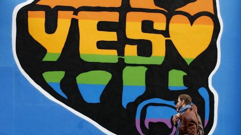 Men walk past mural in favour of 'yes' campaign in Dublin