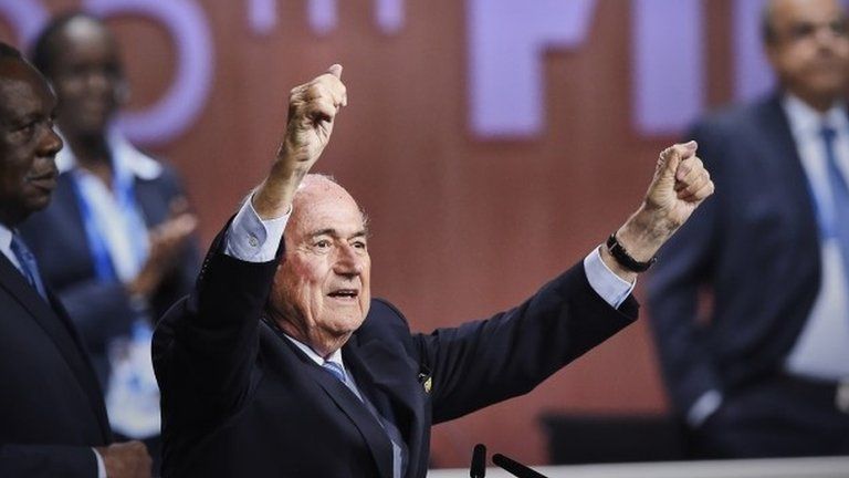 FIFA President Sepp Blatter gestures after being re-elected following a vote to decide on the FIFA presidency in Zurich 29 May 2015