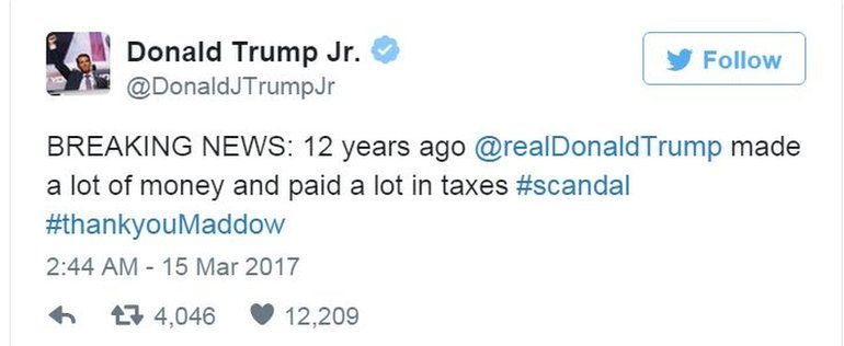 Donald Trump Jnr tweets his thanks to Ms Maddow for leaking his father's tax return