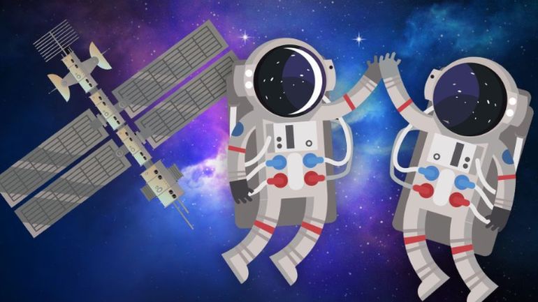Cartoon image shows two astronauts in space