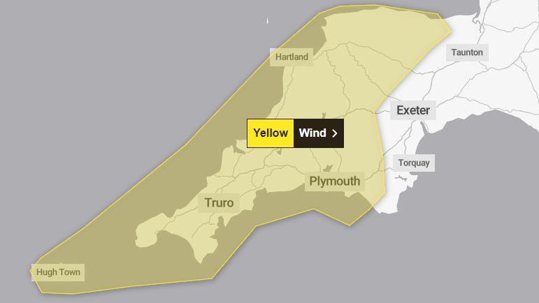 A map showing the yellow weather warning across Devon and Cornwall