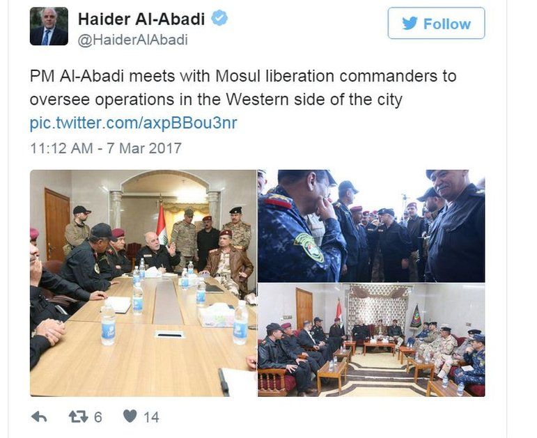 Tweet by Iraqi PM Haider Al-Abadi, on his arrival in west Mosul