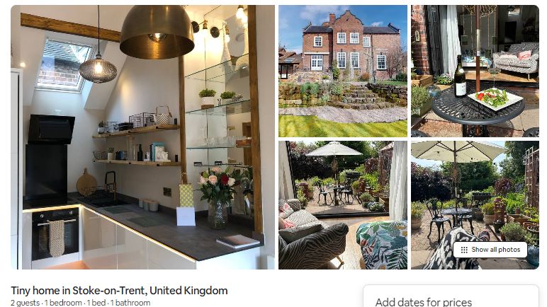 Five pictures of the annex, showing a small white kitchen, patio doors looking out onto the garden and a picture of the large Victorian house