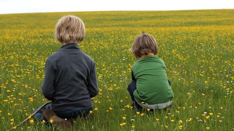 Two children sitting in a field