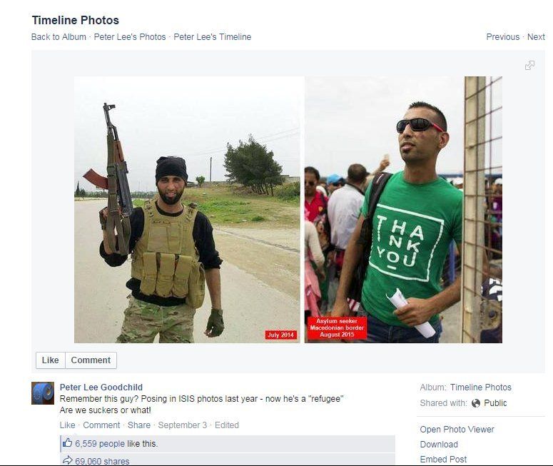 Facebook status showing two men - one refugee, one a fighter