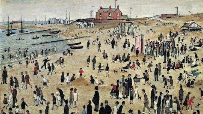 A typical Lowry painting with thin elongated figures many in coats and bowler hats and a dash of red here and there on a beach with swings, beach huts and houses in the distance.