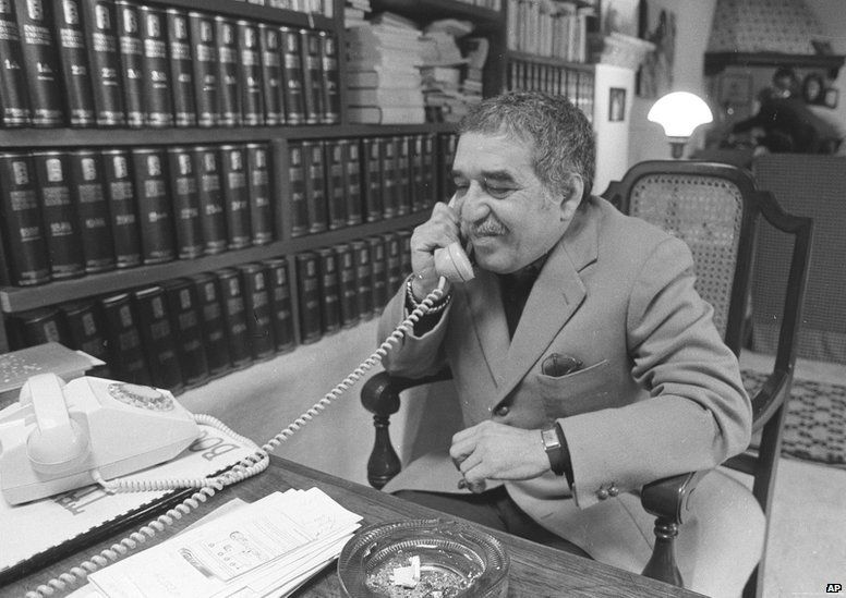 Author Gabriel Garcia Marquez, winner of the Nobel Prize for literature, talks on the phone at his home, Oct. 21, 1982.