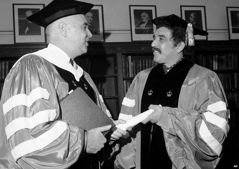 William James McGill, left, president of Columbia University, presents an honorary degree to novelist Gabriel Garcia Marquez of Bogota, Colombia, June 1, 1971.