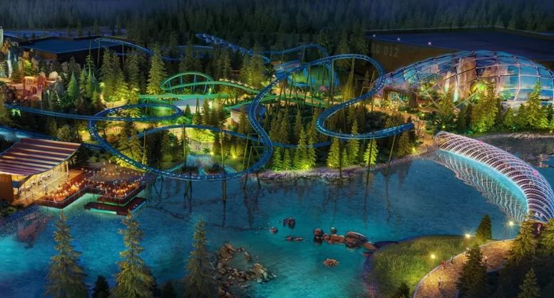 An artist's impression of the theme park, with blue, swirling rollercoasters across grass and pools