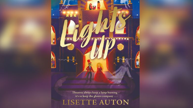 Book cover of Lights Up featuring a couple in front of a theatre, a ghost silhouette and titles