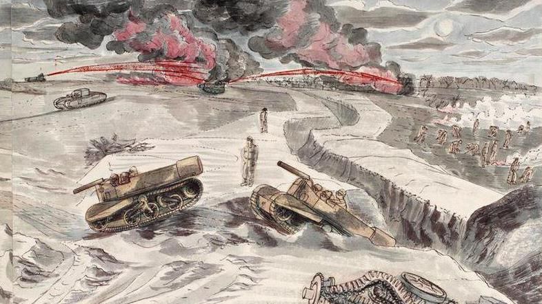 War artist Edward Bawden's depiction of tanks and soldiers taking part in Exercise Kruschen in 1943 at Dunwich